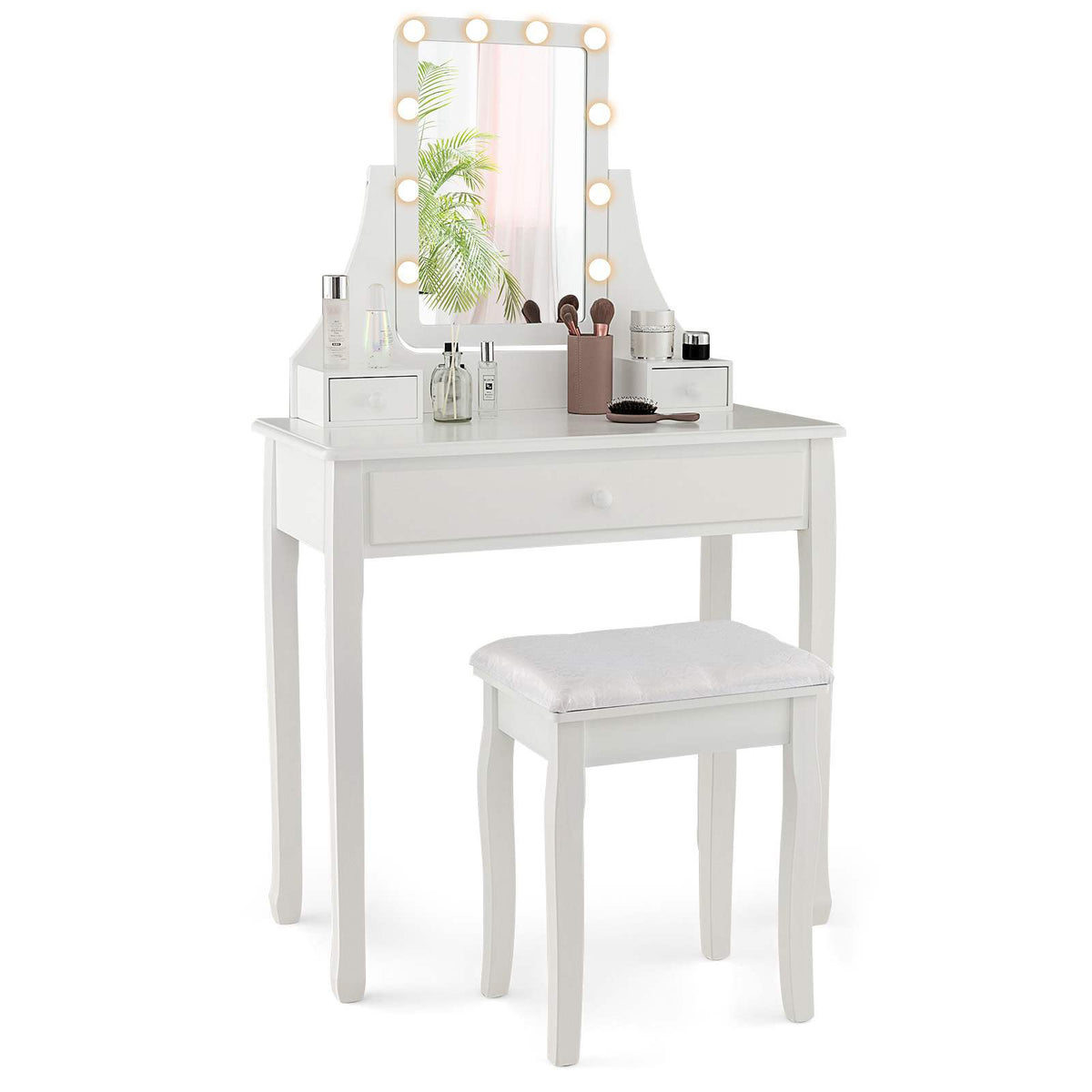 Dressing Table Lighted Mirror Stool Set Girls Vanity Makeup Desk Storage Drawer