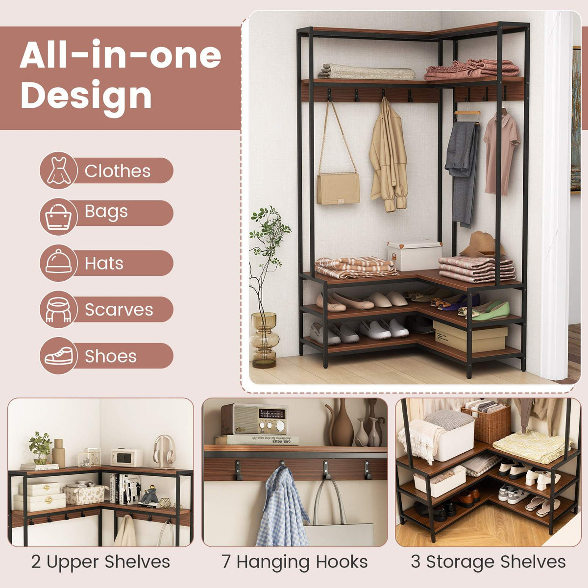 L-shaped Corner Garment Rack Clothes Rack Storage Organizer with Shoe ...