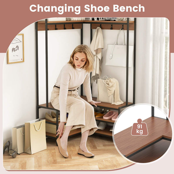 L-shaped Corner Garment Rack Clothes Rack Storage Organizer with Shoe Bench