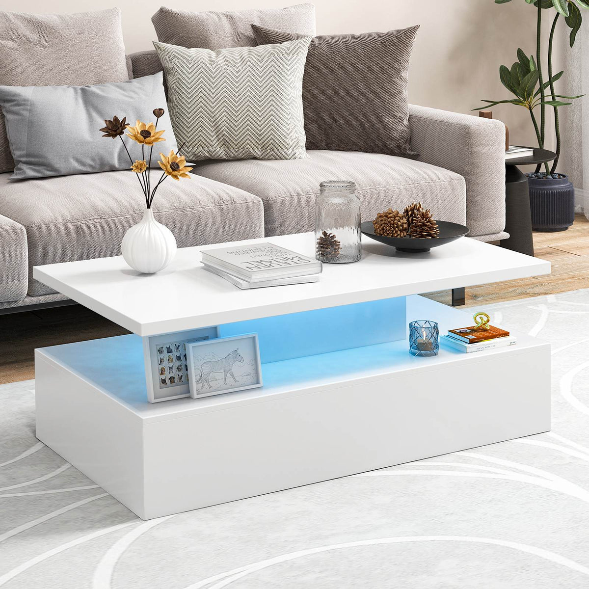 Modern 2-Tier LED Coffee Table w/ Adjustable Color Lights Speed Brightness