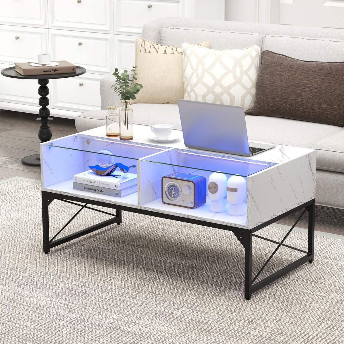 High-gloss LED Coffee Table Center Table w/ Faux Marble & Tempered Glass Top