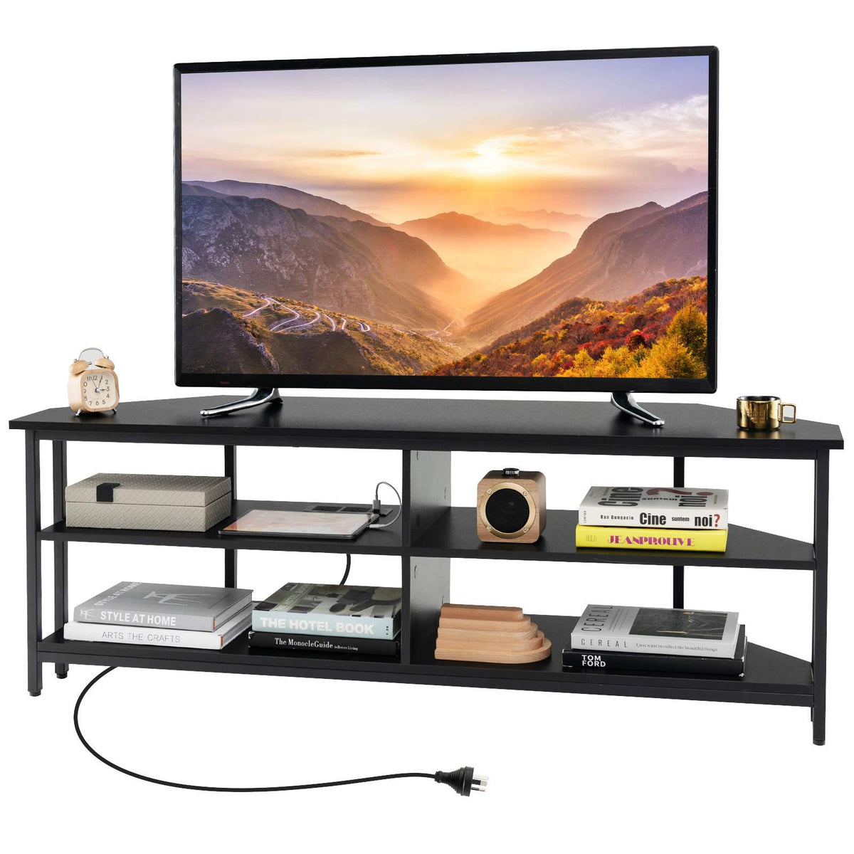 140cm Corner TV Stand for TVs up to 65" TV Console Table w/ AC Outlets USB Ports