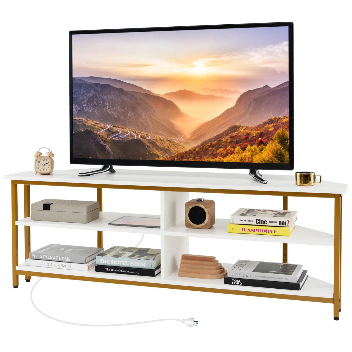 140cm Corner TV Stand for TVs up to 65" TV Console Table w/ AC Outlets USB Ports