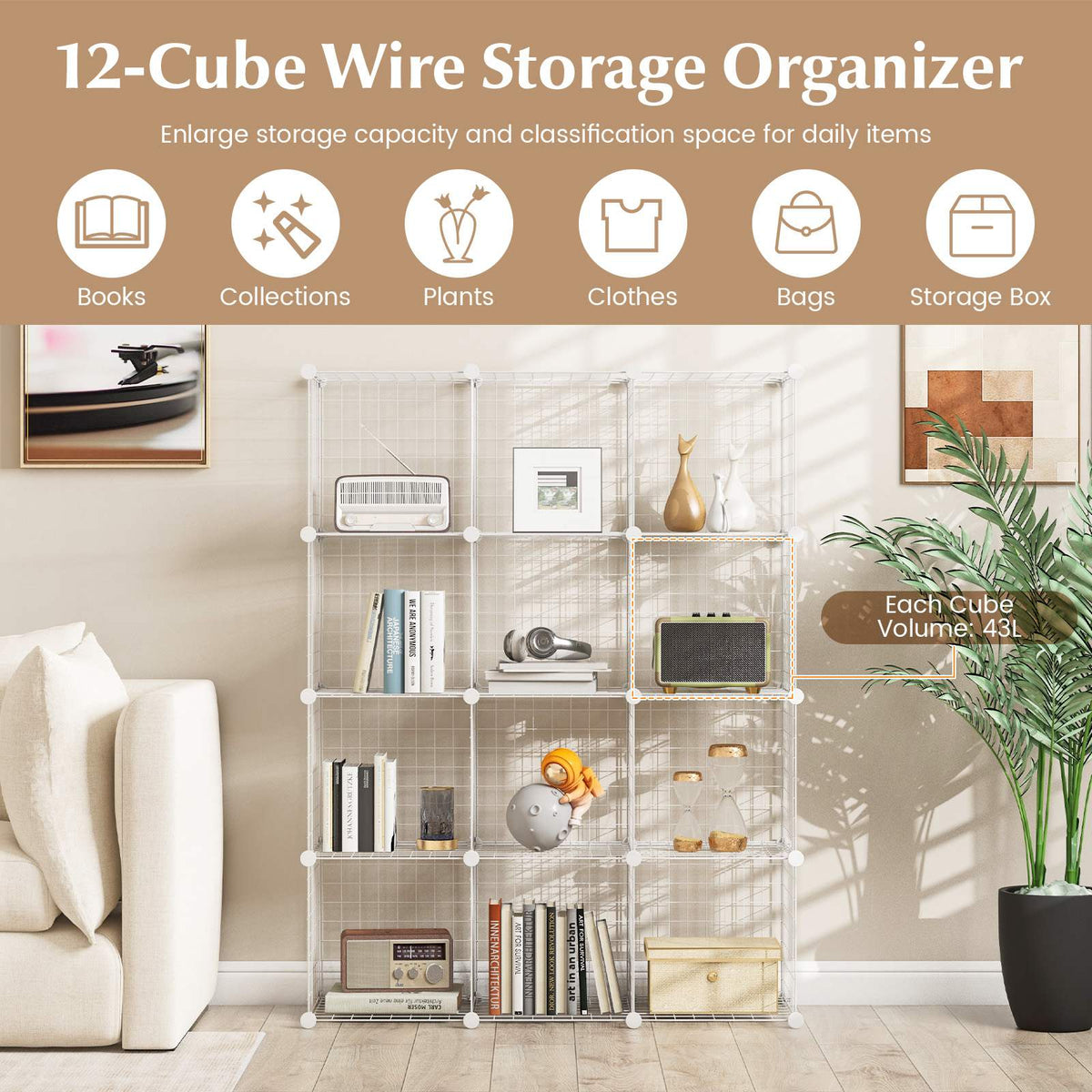 Giantex Metal Wire Cube Storage, 12-Cube Stackable Free Standing Cubby Storage Organizer Shelf