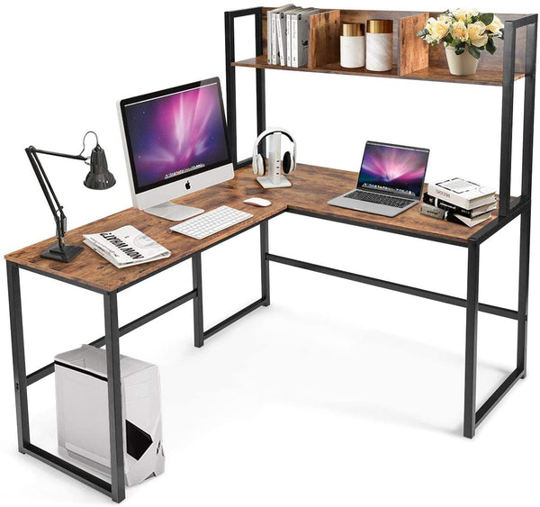 140cm L-Shaped Desk Corner Computer Desk Writing Workstation Table w/Hutch