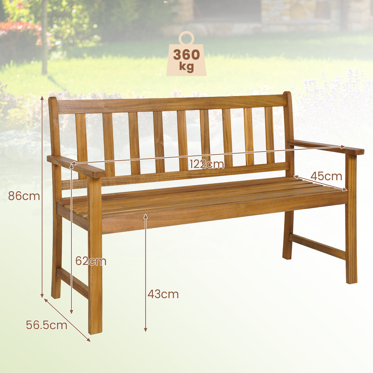 Patio Acacia Wood Bench 2-Person Slatted Seat Backrest 360 kg Outdoor Natural