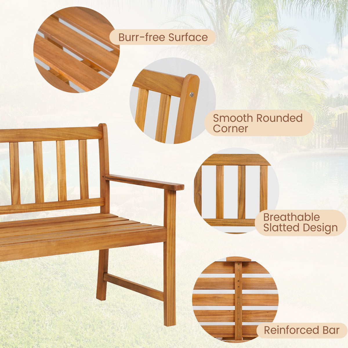 Patio Acacia Wood Bench 2-Person Slatted Seat Backrest 360 kg Outdoor Natural