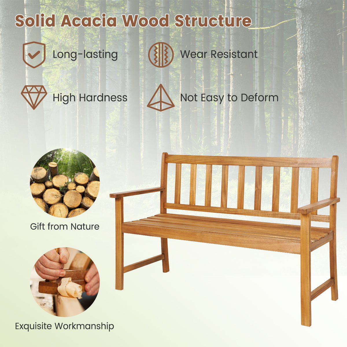 Patio Acacia Wood Bench 2-Person Slatted Seat Backrest 360 kg Outdoor Natural