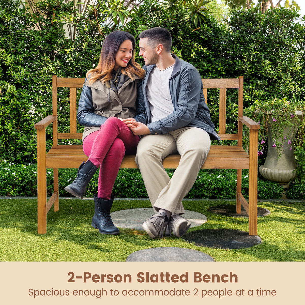 Patio Acacia Wood Bench 2-Person Slatted Seat Backrest 360 kg Outdoor Natural