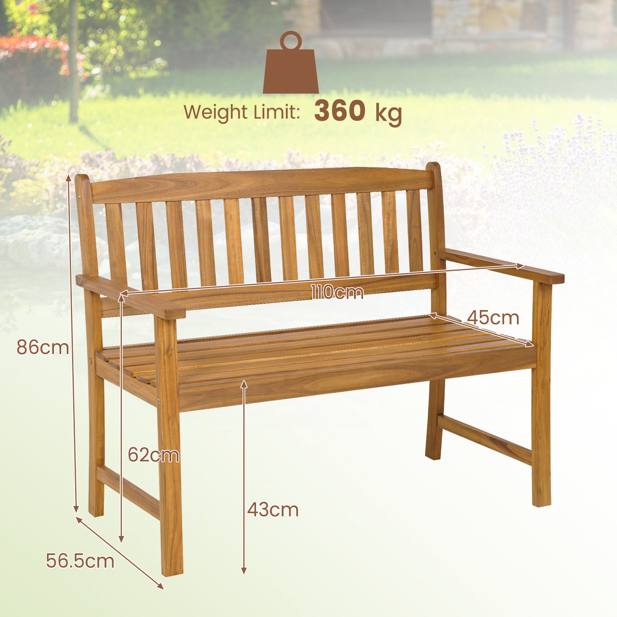 Patio Acacia Wood Bench 2-Person Slatted Seat Backrest 360 kg Outdoor Natural