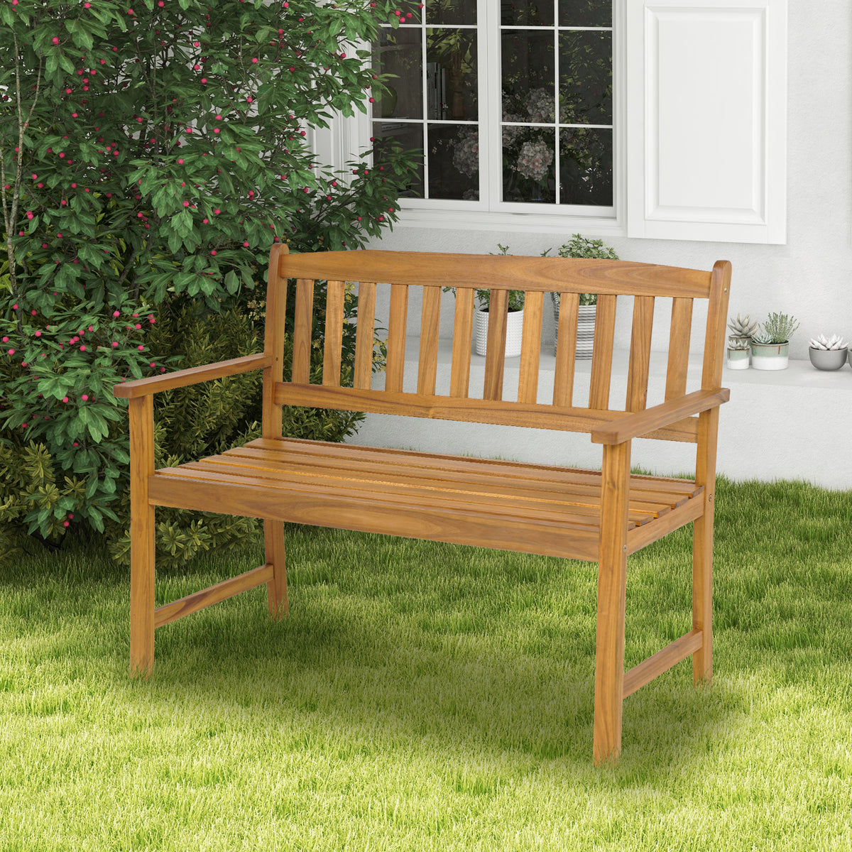 Patio Acacia Wood Bench 2-Person Slatted Seat Backrest 360 kg Outdoor Natural