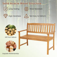 Patio Acacia Wood Bench 2-Person Slatted Seat Backrest 360 kg Outdoor Natural