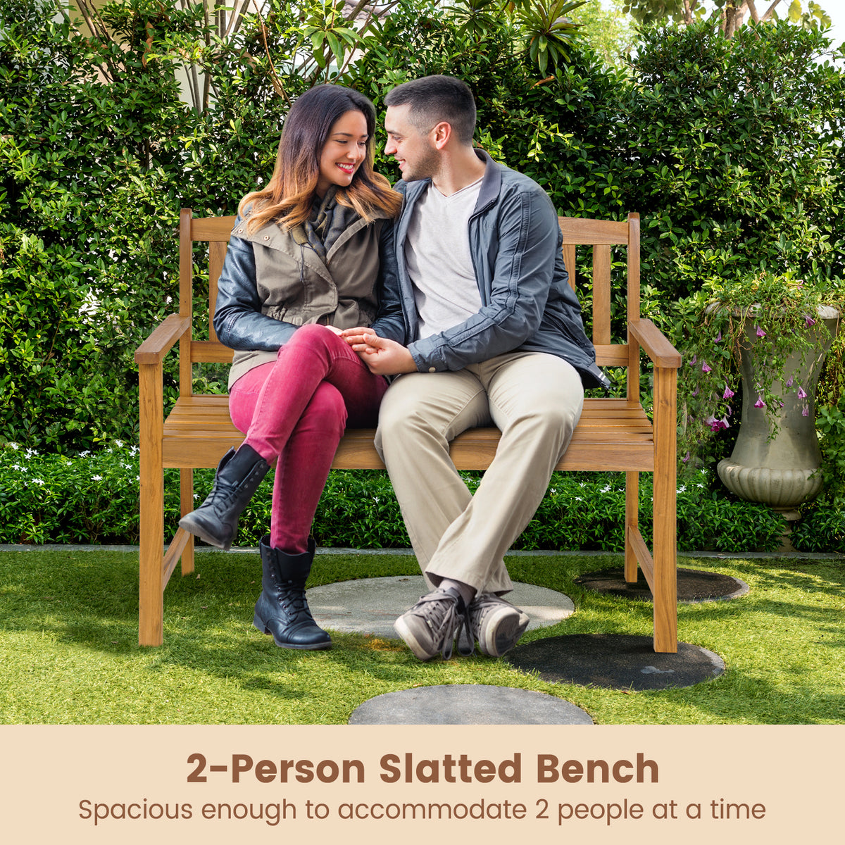 Patio Acacia Wood Bench 2-Person Slatted Seat Backrest 360 kg Outdoor Natural