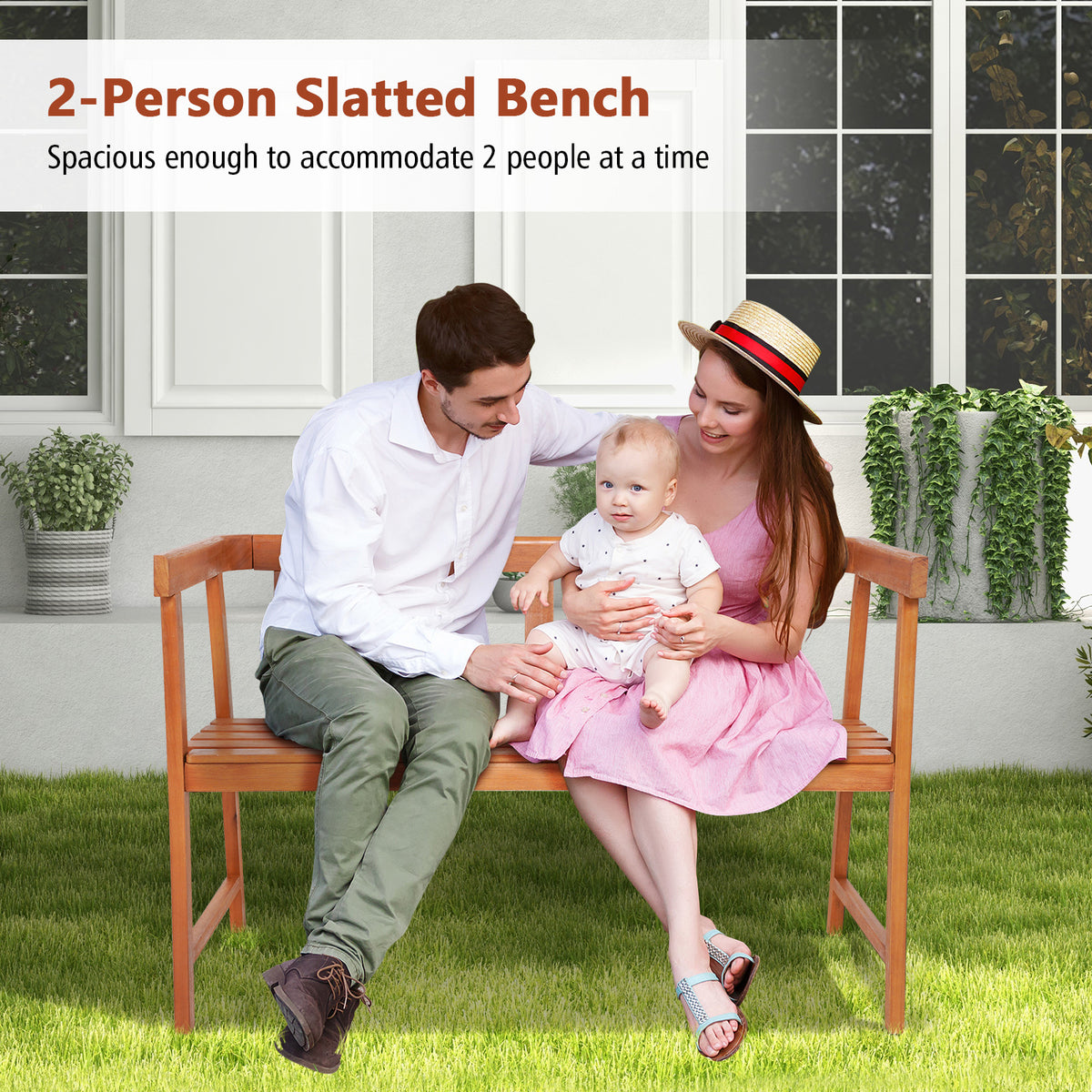 Patio Acacia Wood Bench 2-Person Slatted Seat Backrest 360 kg Outdoor Natural