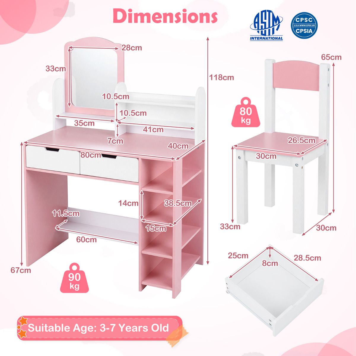 Kids Vanity Set with Mirror and Chair Princess Makeup Dressing Desk