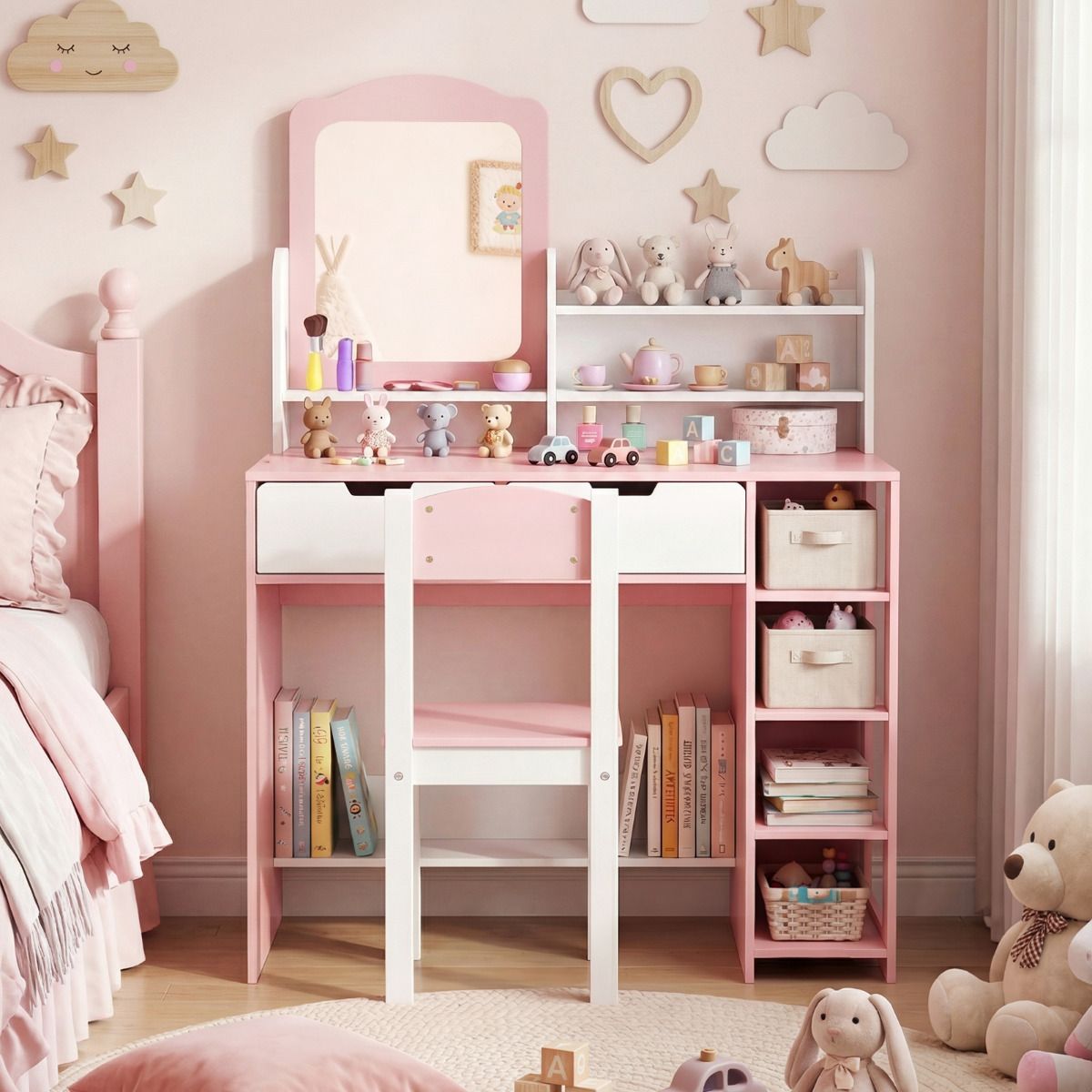 Kids Vanity Set with Mirror and Chair Princess Makeup Dressing Desk