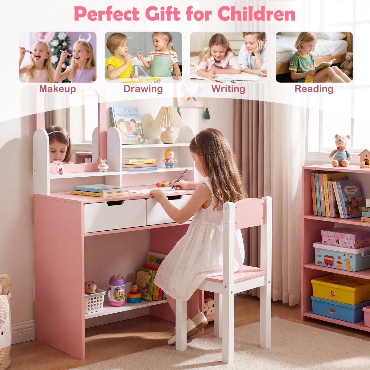 Kids Vanity Set with Mirror and Chair Princess Makeup Dressing Desk