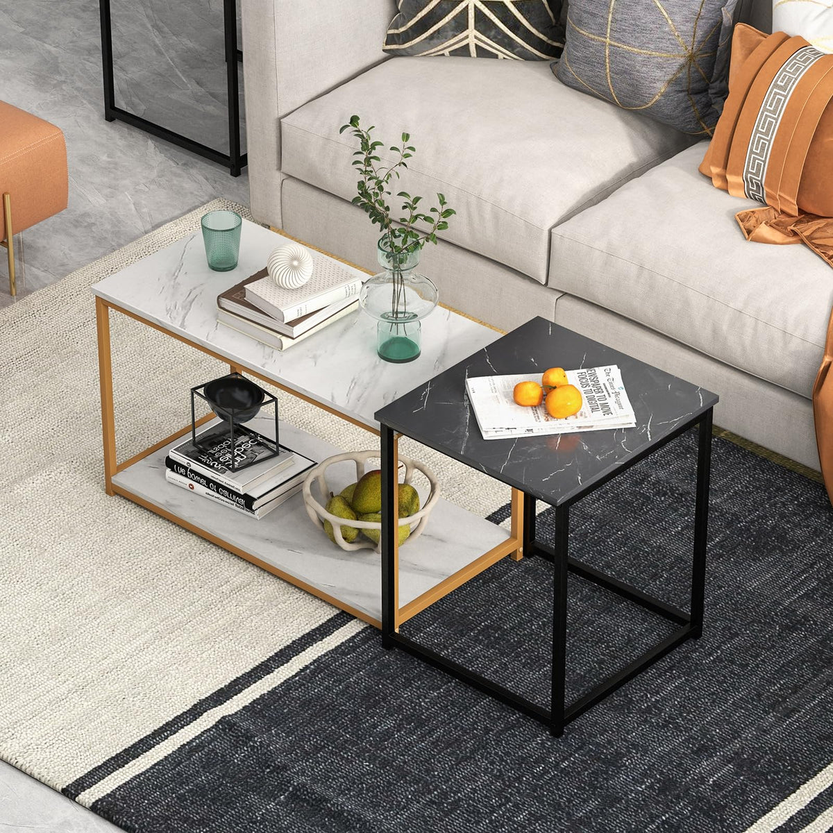 Giantex Nesting Coffee Table Set of 3, 3-Piece End Table with Faux Marble Top