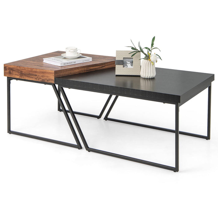 Giantex Coffee Table Set of 2, Black & Brown Modern Stacking Side Table with Powder Coated Metal Legs, Black and Brown