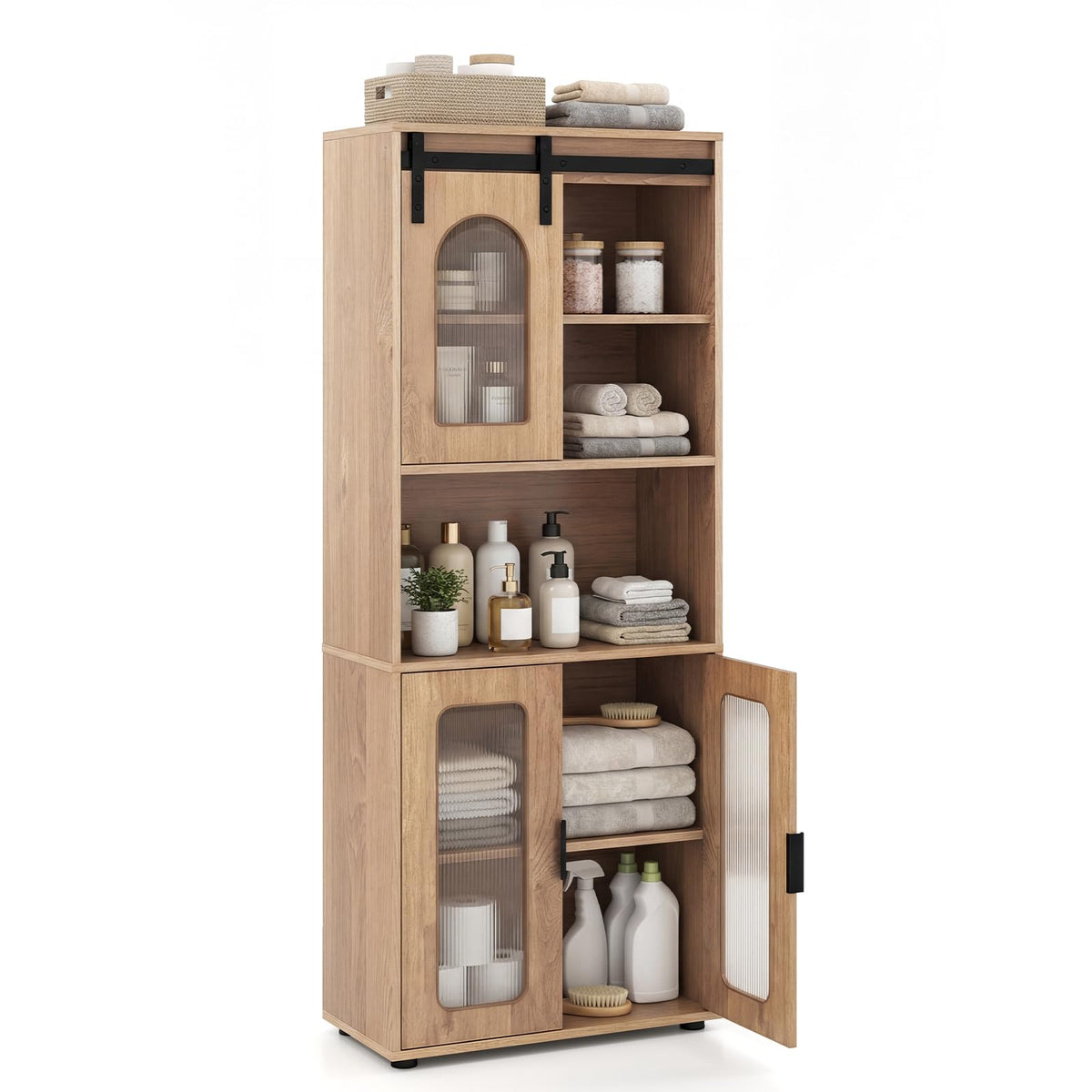 Farmhouse Bathroom Floor Cabinet with Sliding Barn Door and Shelves