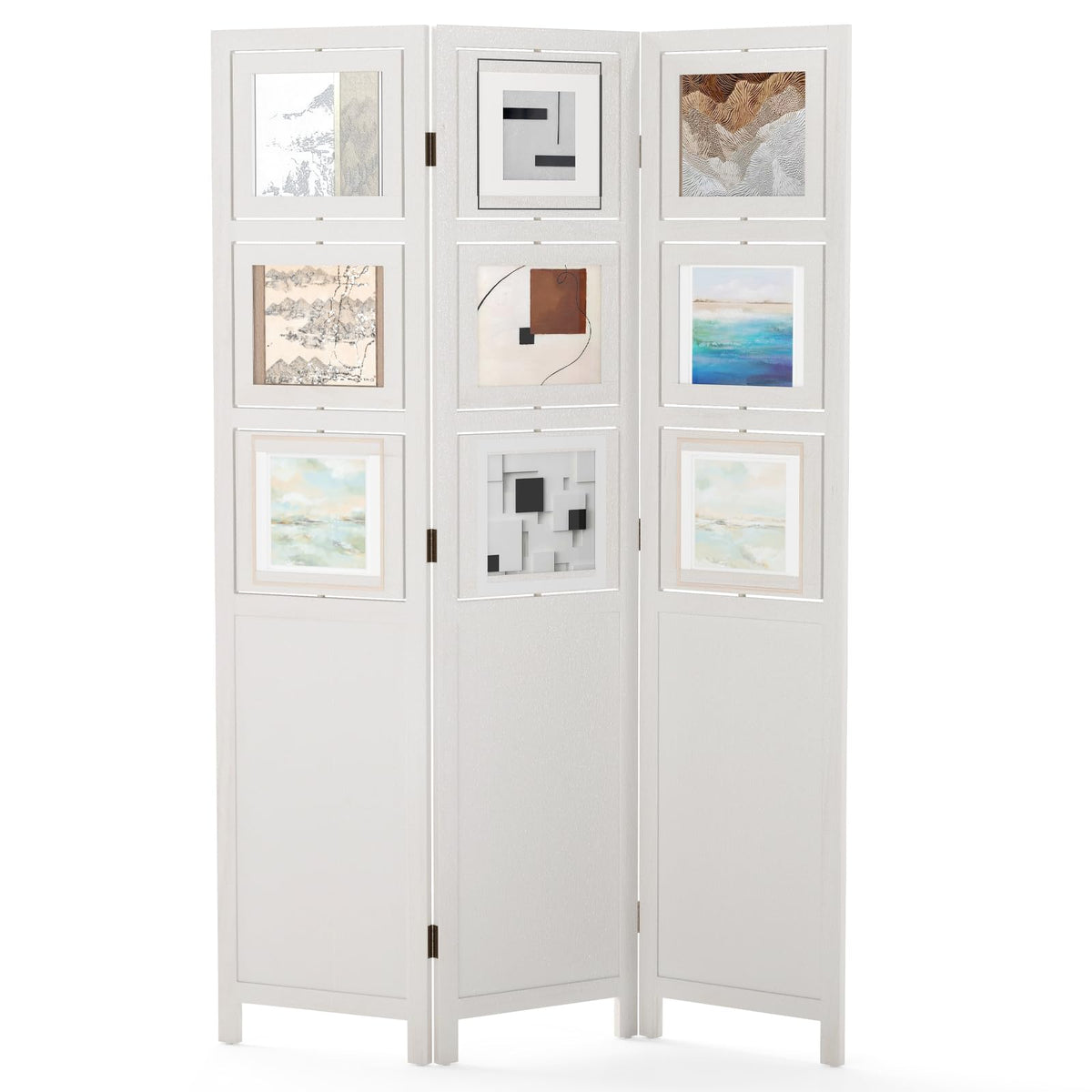 Room Divider, 3 Panel Folding Privacy Screen with 9 Swivel Paulownia Wood Photo Frames