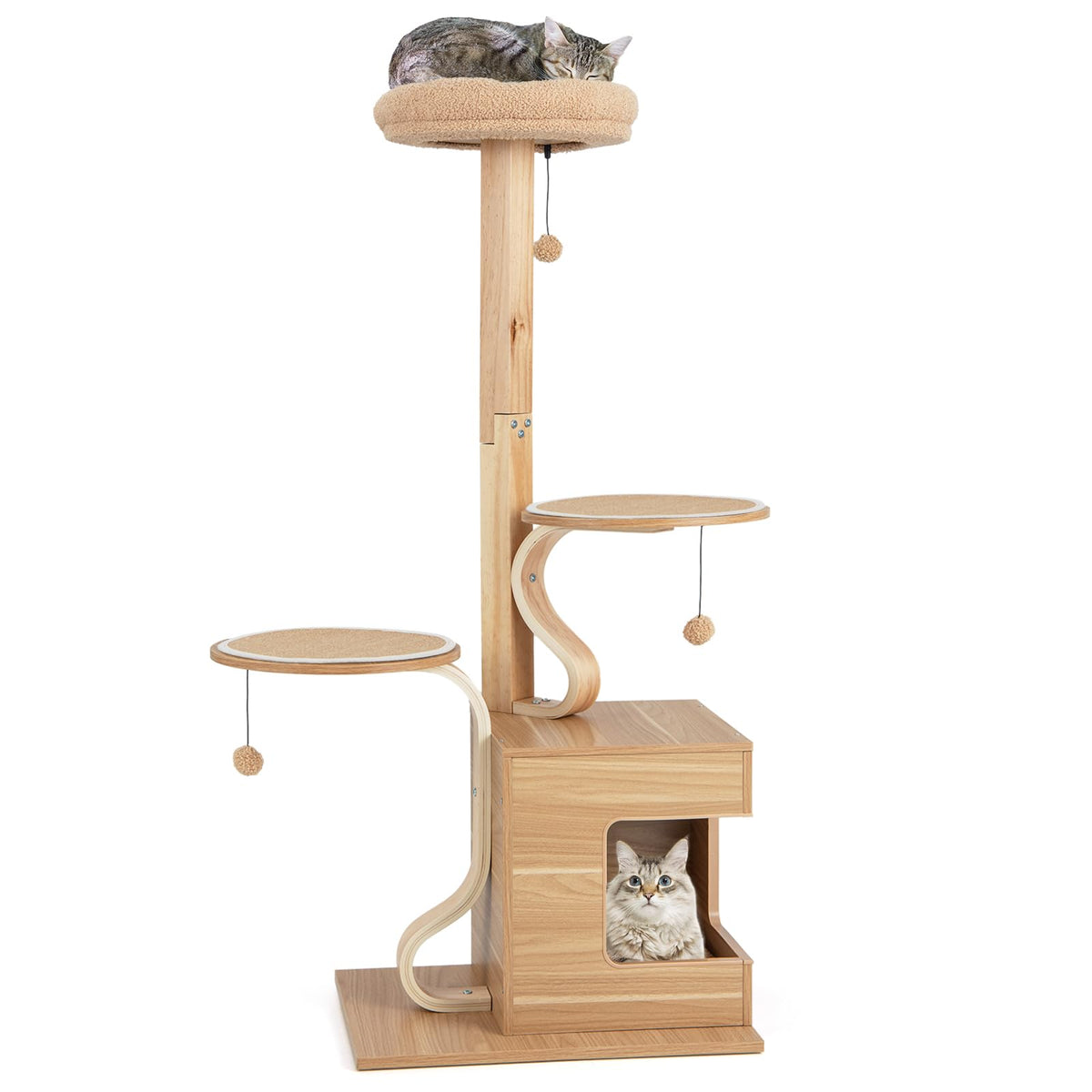 Wooden Cat Tree, 1.3 M Tall Cat Tower w/Cat Condo, Plush Top Perch