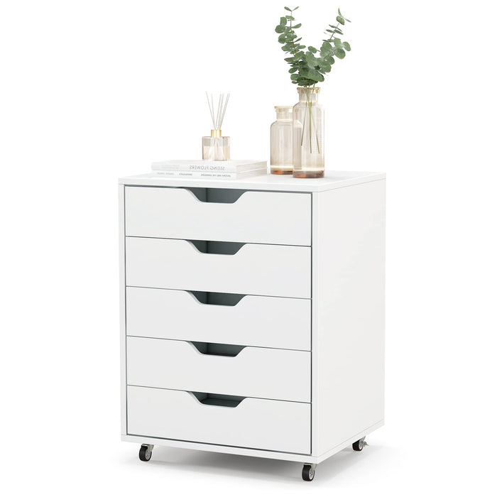 5-Drawer Chest of Drawers Wooden Dresser Chest, Mobile Lateral Filing Cabinet with Wheels