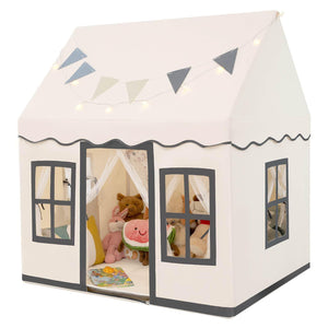 Kids Play Tent, Large Playhouse w/Star String Lights & Flag Banner, Washable Anti-Slip Coral Velvet Mat