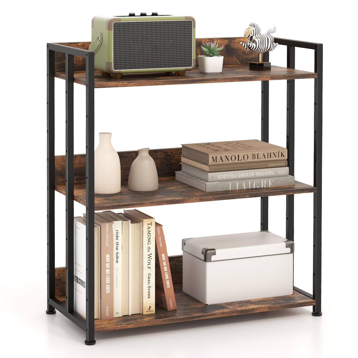 Giantex 3-Tier Bookshelf, Industrial Corner Storage Shelf with Adjustable Shelves & Metal Frame Anti-Toppling Device