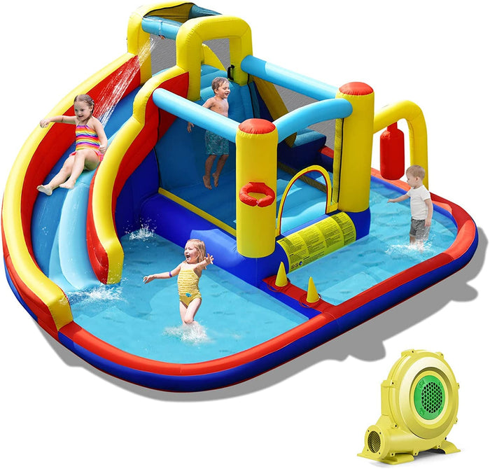 Inflatable Water Slide, 7-in-1 Outdoor Kids Water Bounce House Jumping Castle w/Combo Water Slide(with 680W Blower)