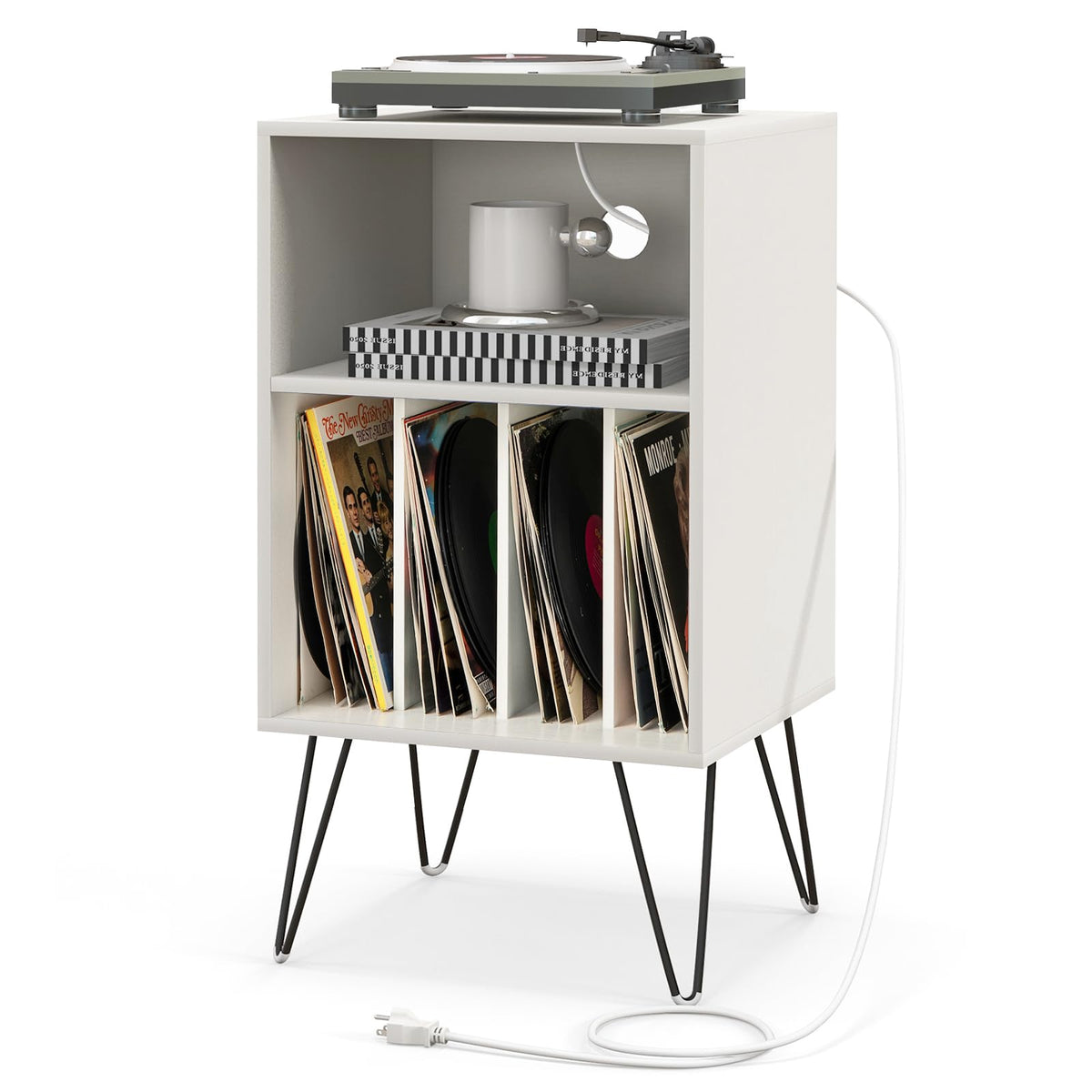 Record Player Stand w/Charging Station Turnable Nightstand Vinyl Storage Cabinet