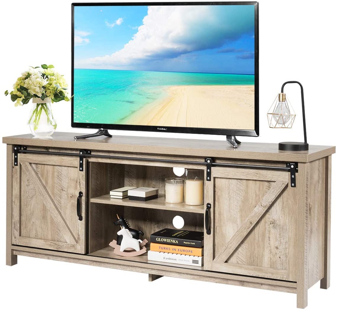 Giantex TV Stand for 65” Television, 2 Center Compartments & 2 Cabinets, Wooden TV Cabinet