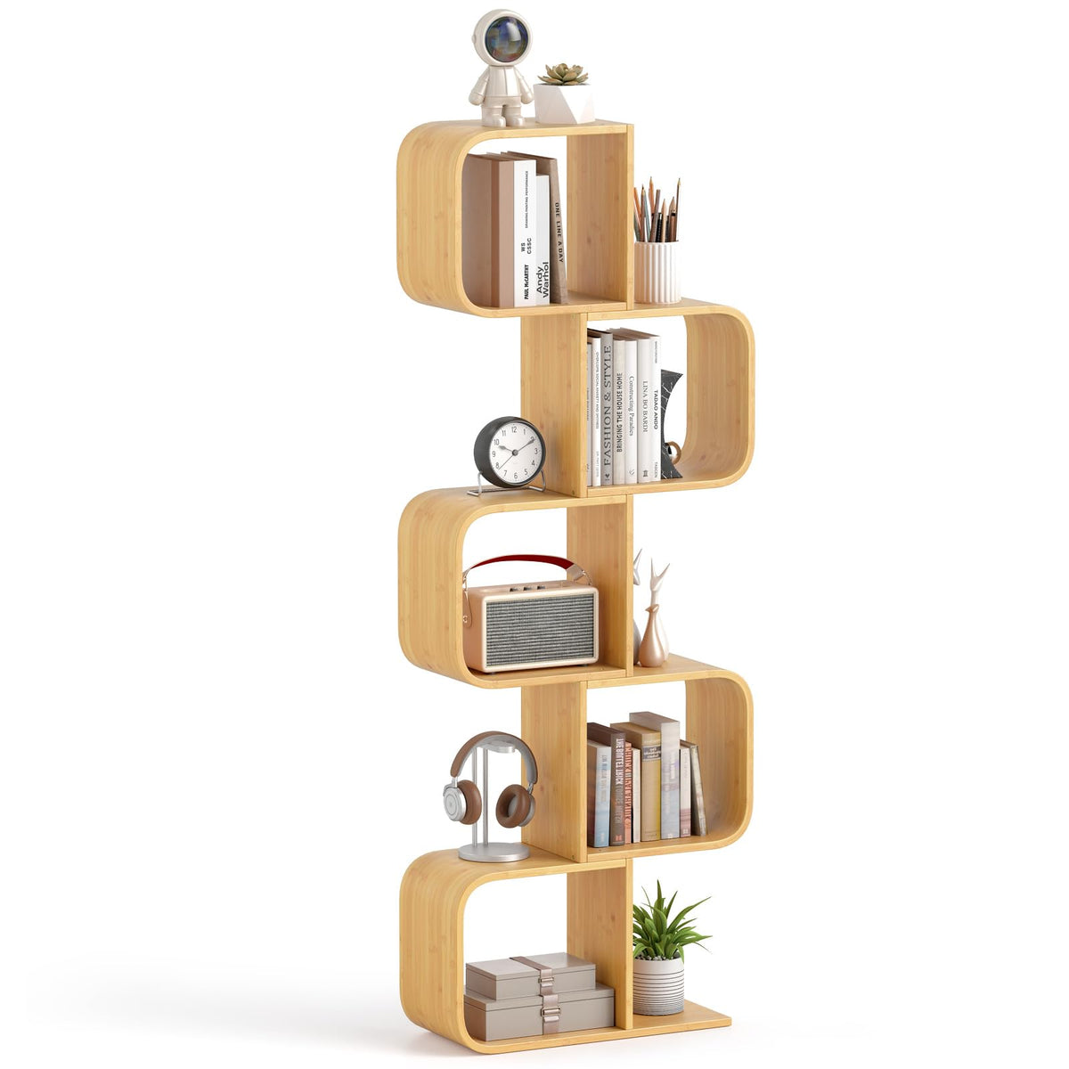 Bamboo Bookshelf with 5 Open Cubes