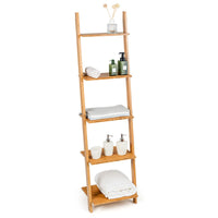 Giantex Ladder Shelf, 5-Tier Bamboo Storage Display Rack, Plant Stand Bookshelf, Wall Shelf for Living Room Kitchen, Leaning Against The Wall, Natural