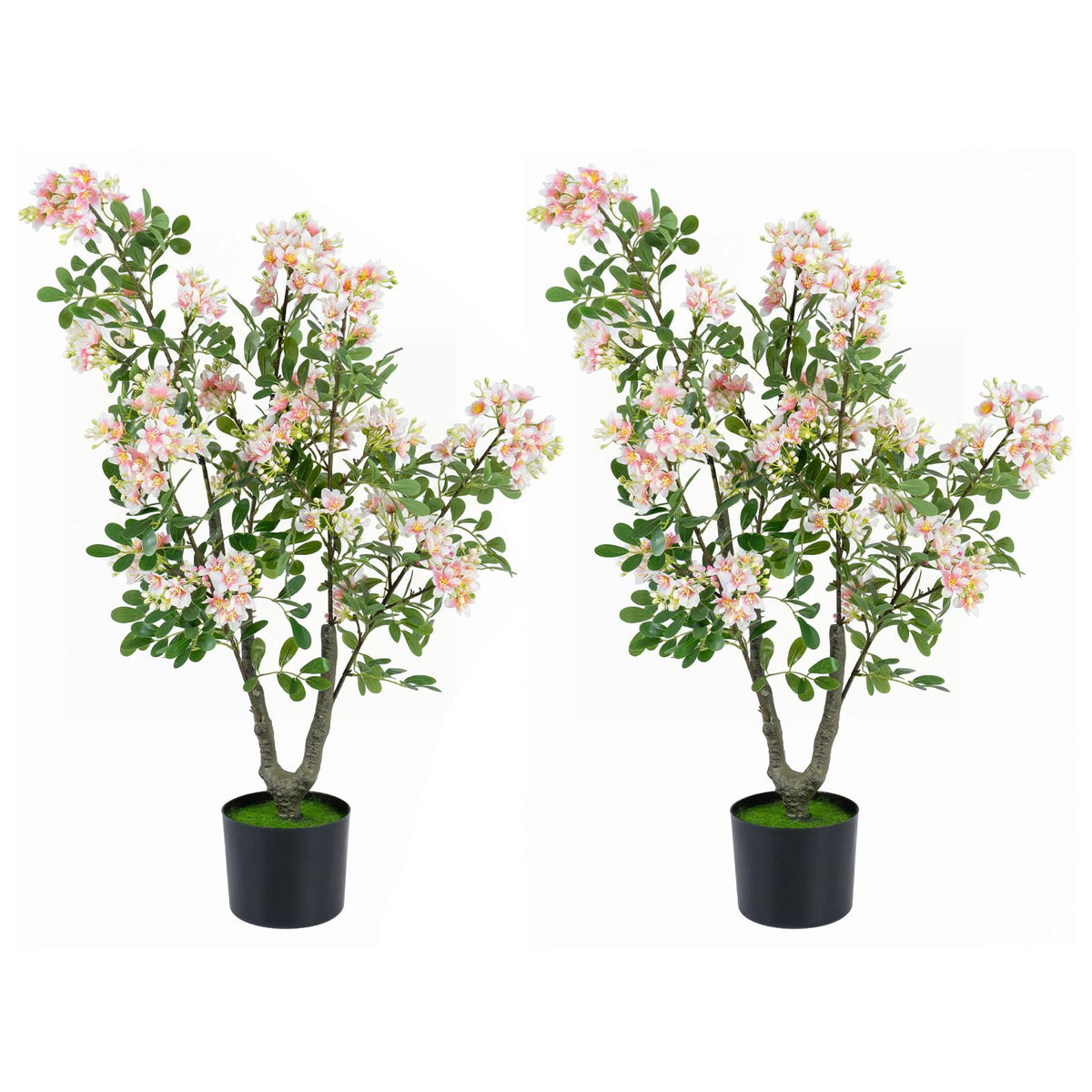 36" Artificial Impatiens Blossom Tree, Faux Pink Floral Plant in Cement-Filled Pot