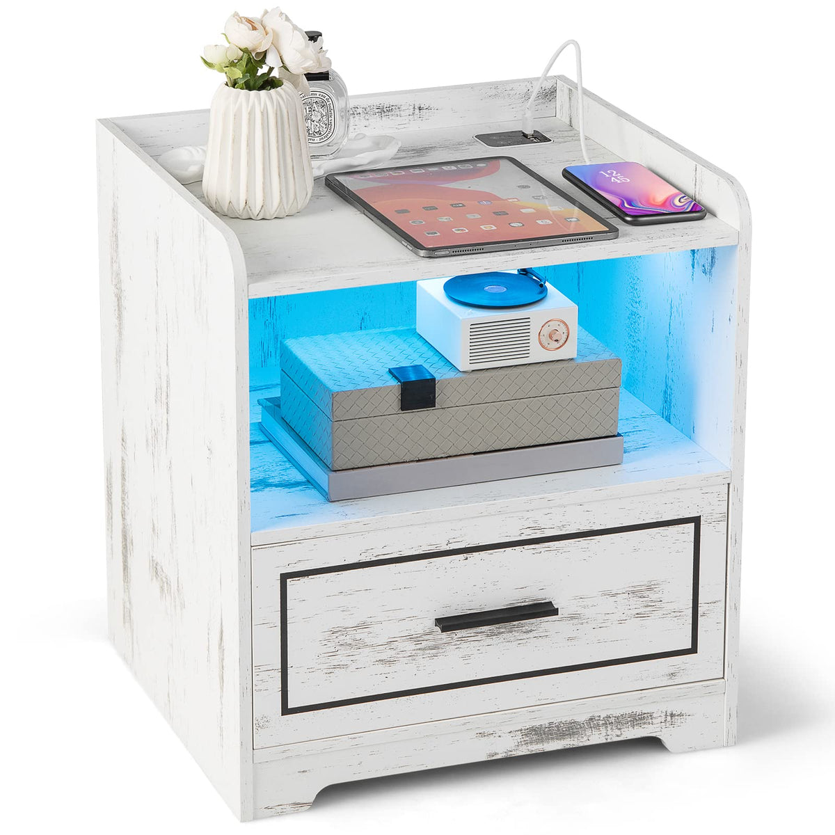 Giantex LED Nightstand, Smart Bedside Table with 2 USB Ports, Open Shelf & Drawer