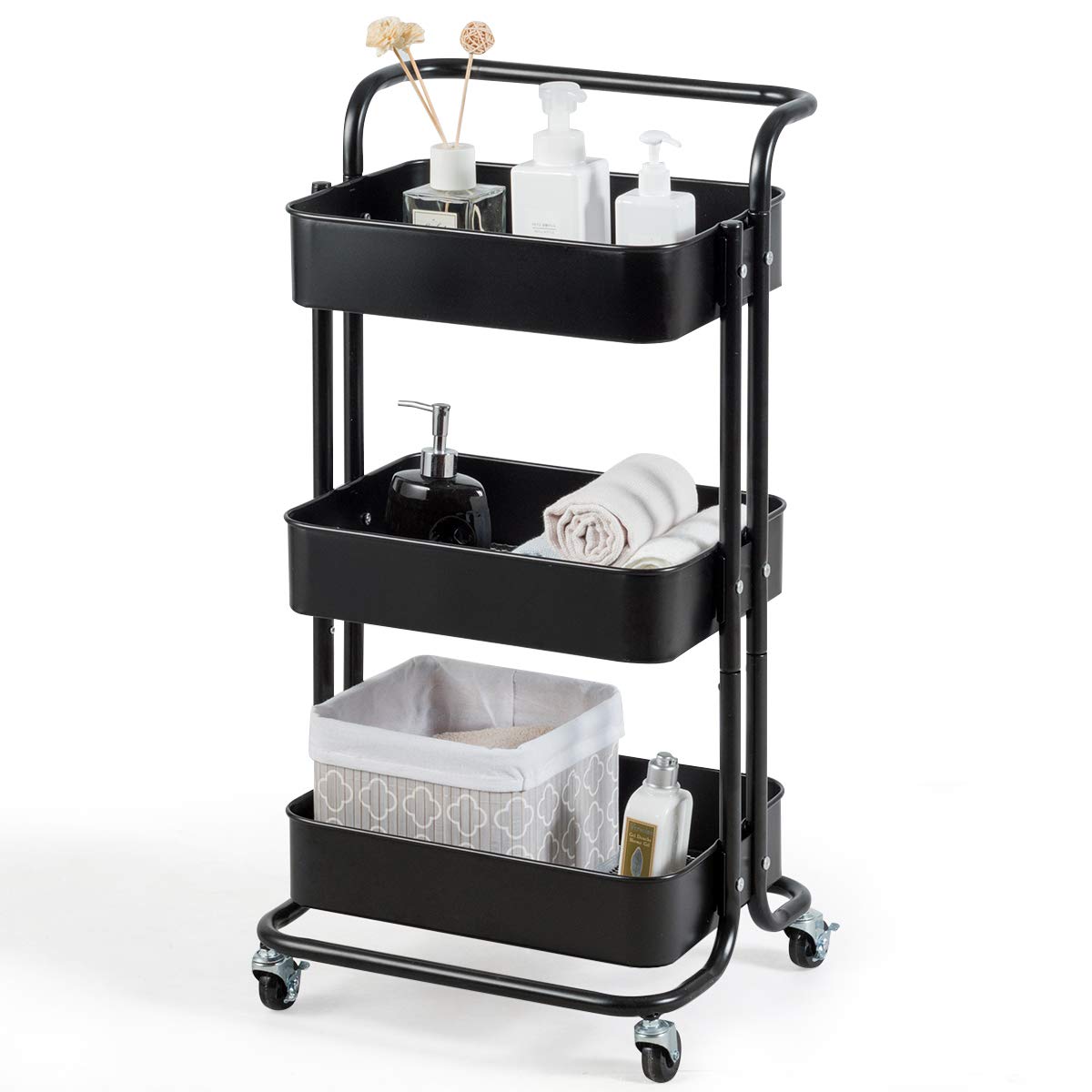 Giantex 3-Tier Metal Rolling Utility Cart with Lockable Wheels, Storage Shelves Service Trolley