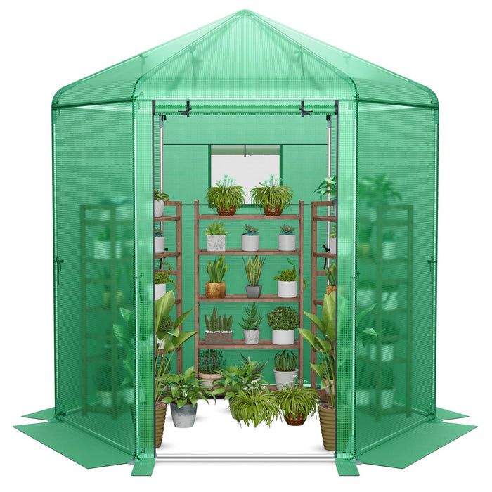 Walk-in Greenhouse, Hexagonal Greenhouse with PE Cover & Metal Frame, Winter Greenhouse with 2-Layered Window & Roll-Up Door