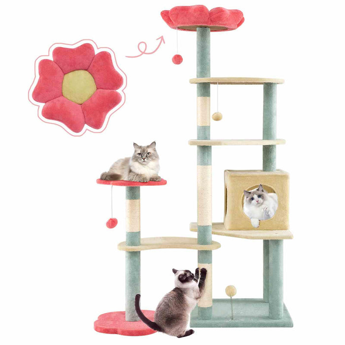 155 cm Tall Cat Tree, Multi-Level Aesthetic Floral Kitten Tower w/Flower-Shaped Plush Padded Perch
