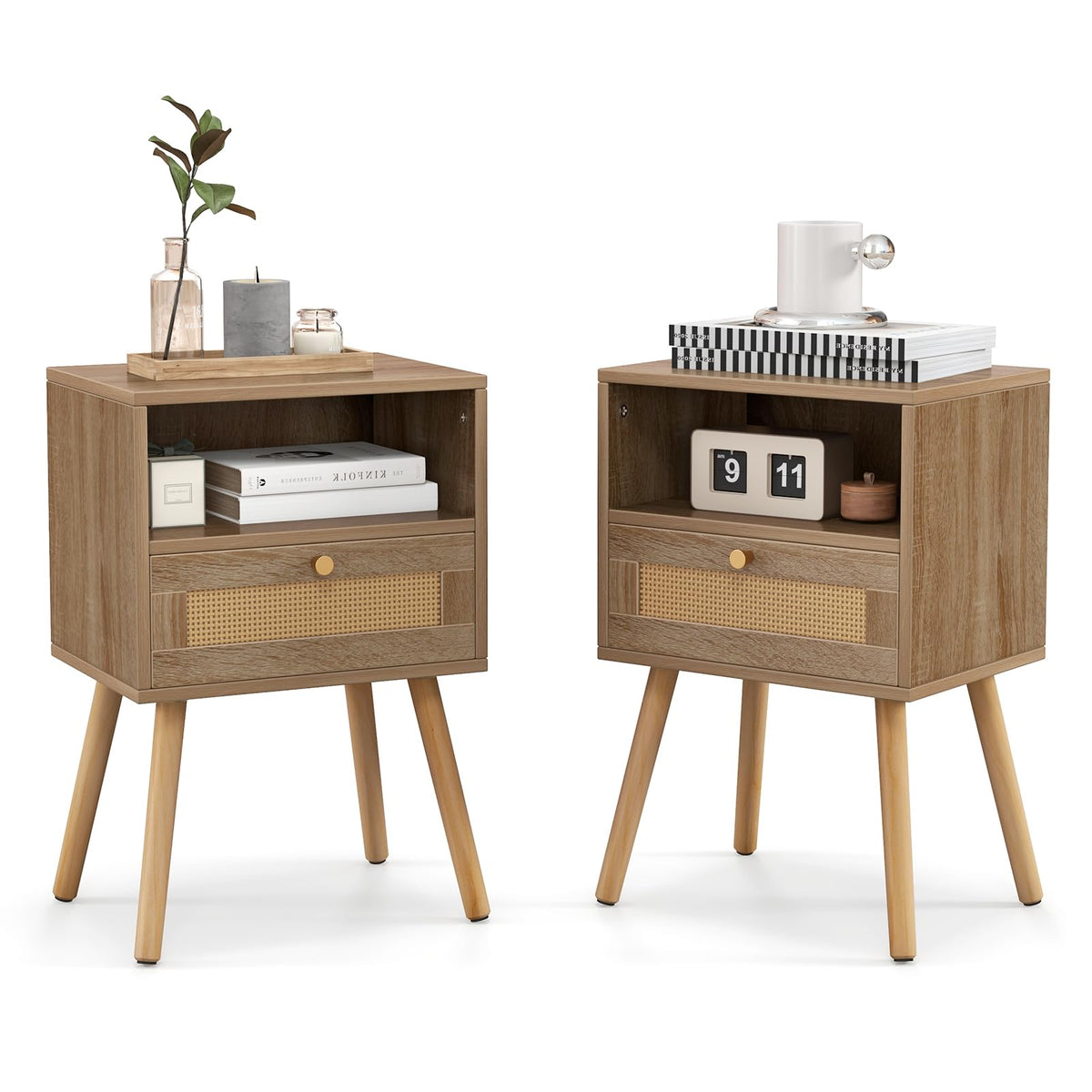 Giantex Rattan Nightstand Set of 2, Home Boho Small Side End Table