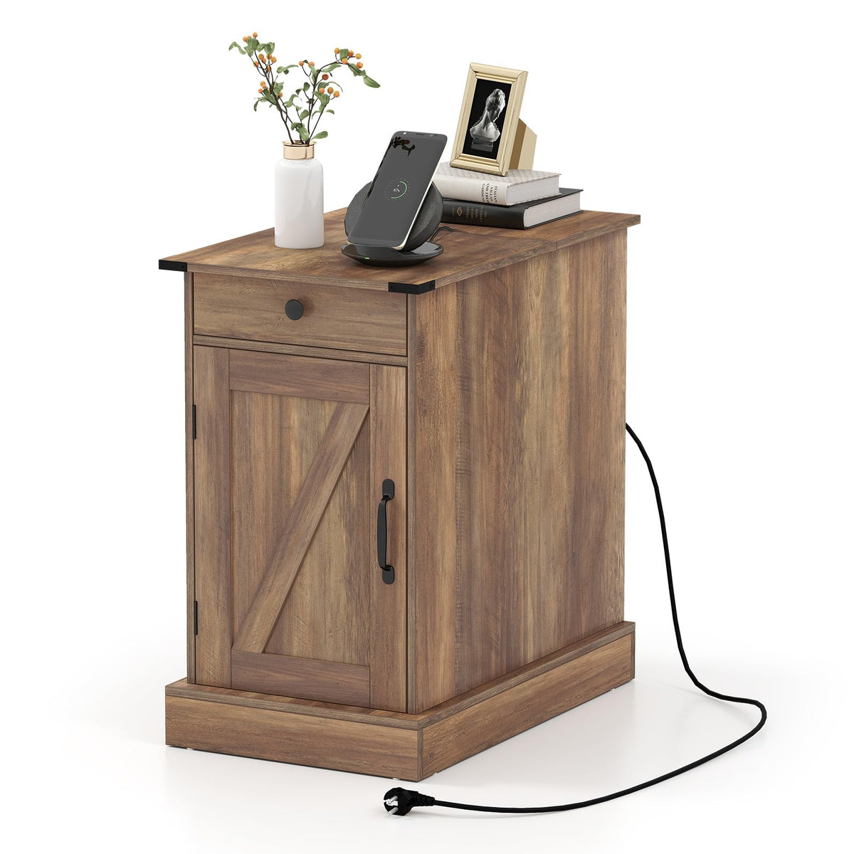 Giantex End Table with Charging Station, Farmhouse Bedside Table w/Storage Drawer