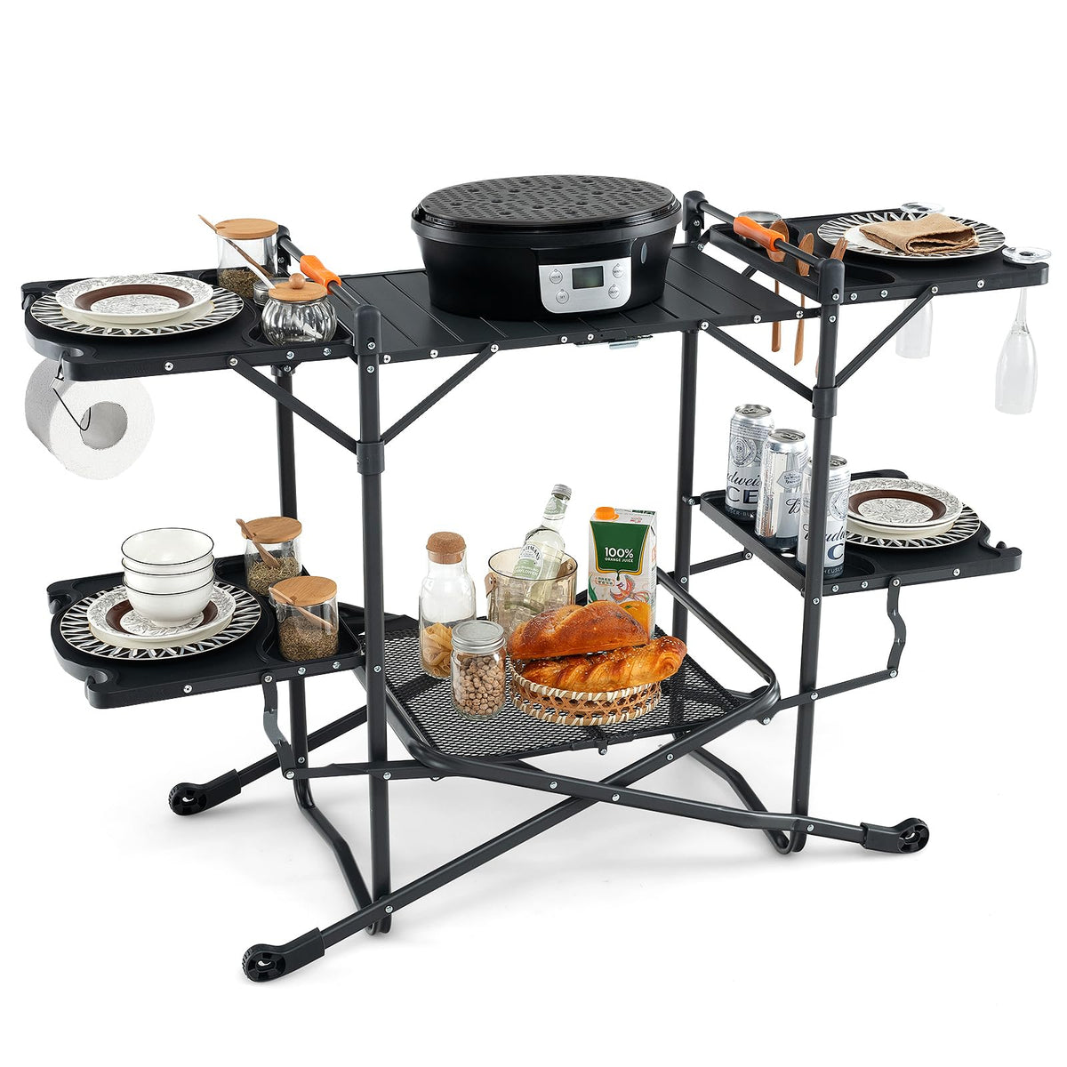 Camping Kitchen Table Folding Portable Outdoor Cook Station with 4 Side Tables
