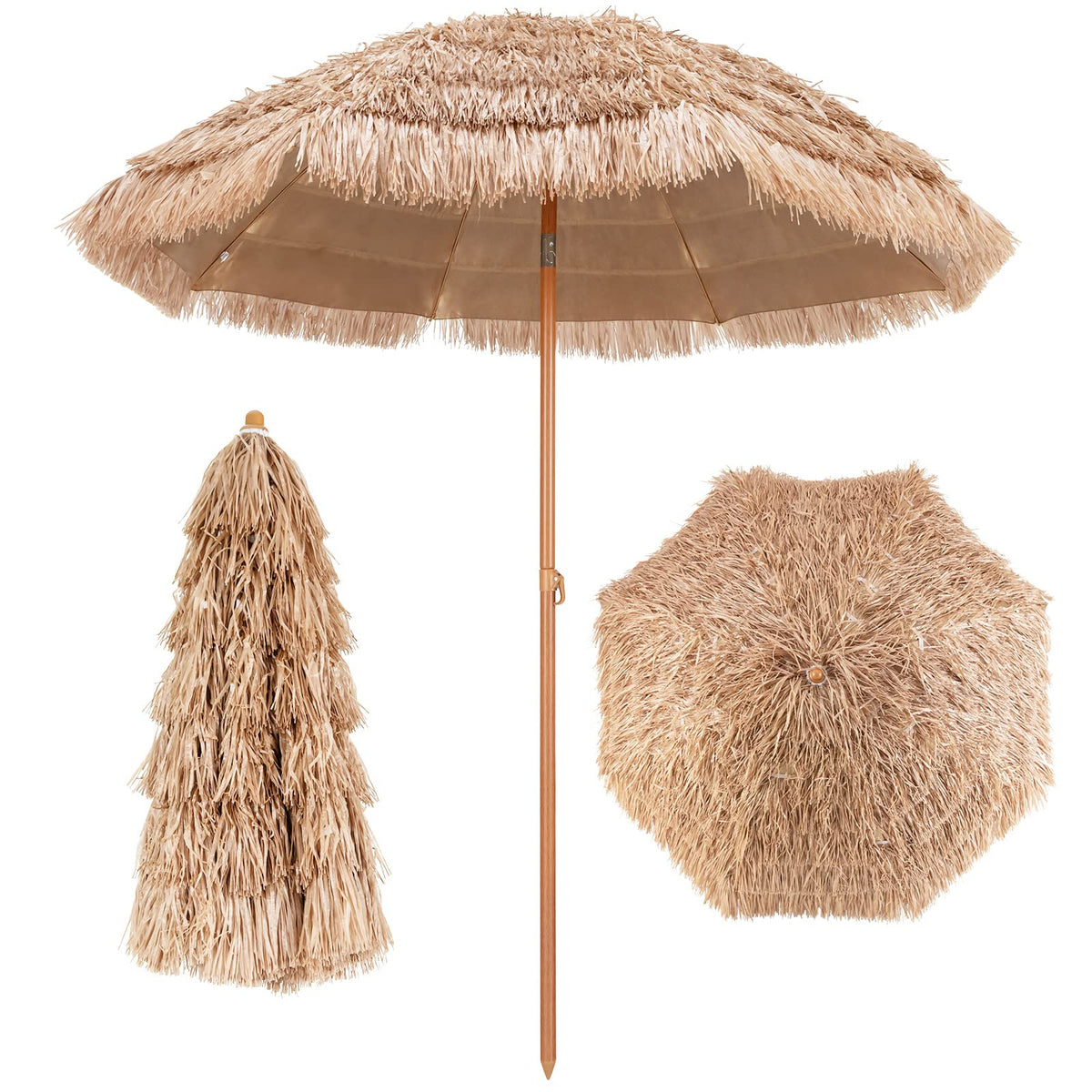 7.2 FT Thatched Tiki Umbrella, Hawaiian Style Hula Beach Umbrella w/Tilt, Tropical Umbrella w/Steel Pole