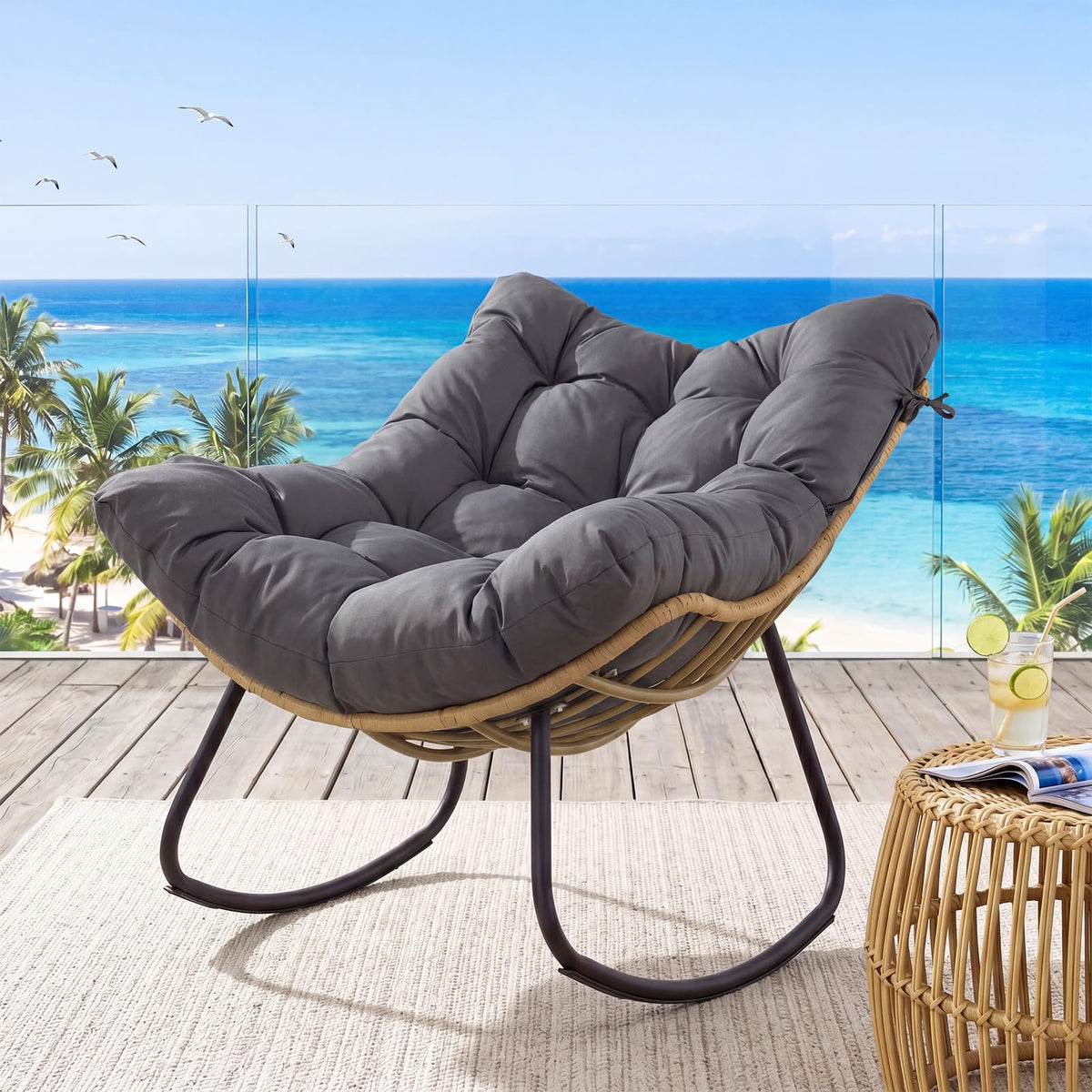Outdoor Papasan Rocking Chair, Oversized PE Wicker Patio Egg Chair