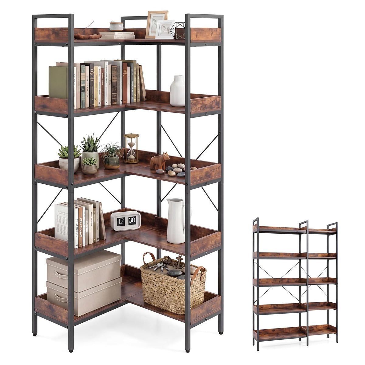 Giantex 5-Tier Corner Bookshelf Convertible L-Shaped with Metal Frame