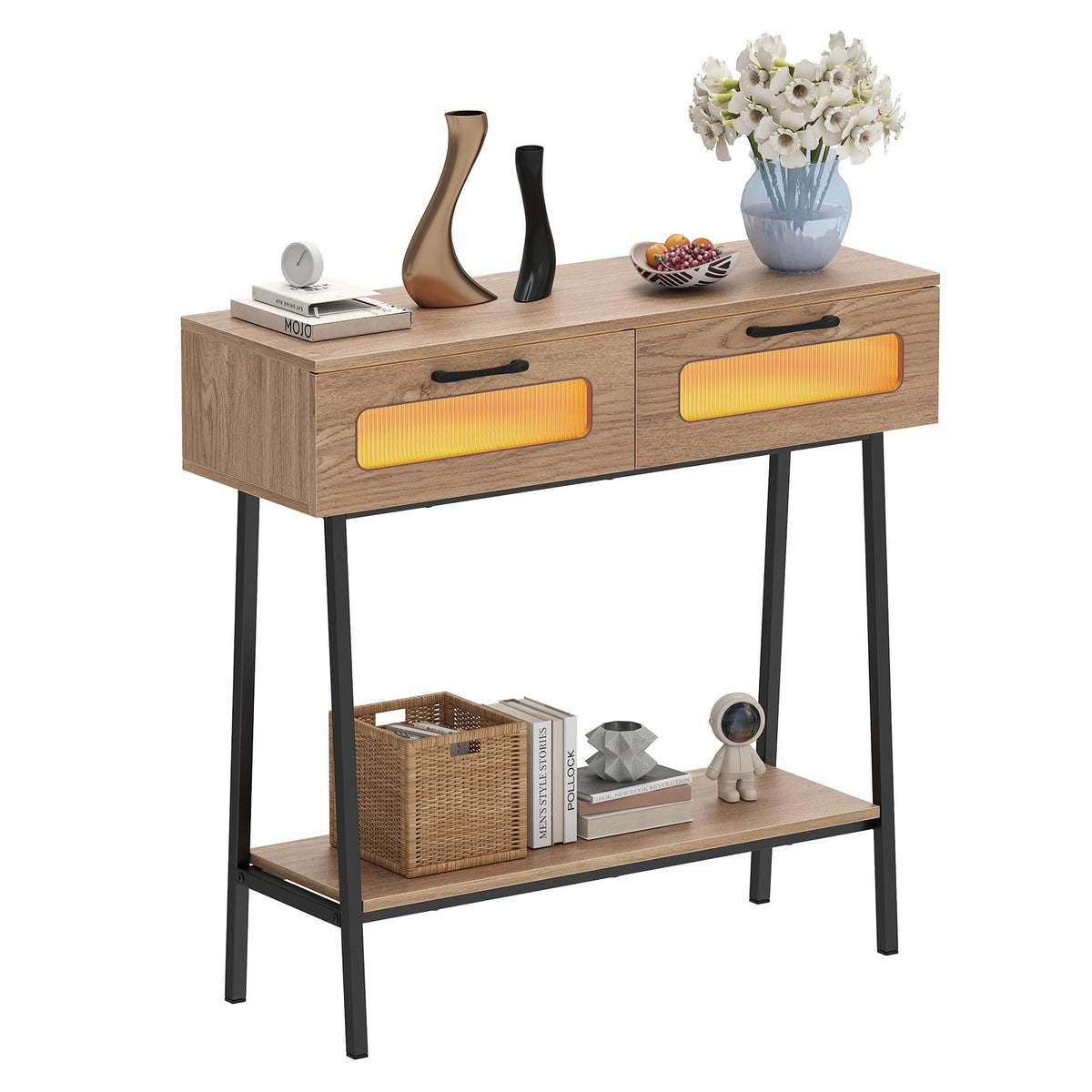 2-Tier Farmhouse Console Table with Colorful LED Lights and 2 Drawers