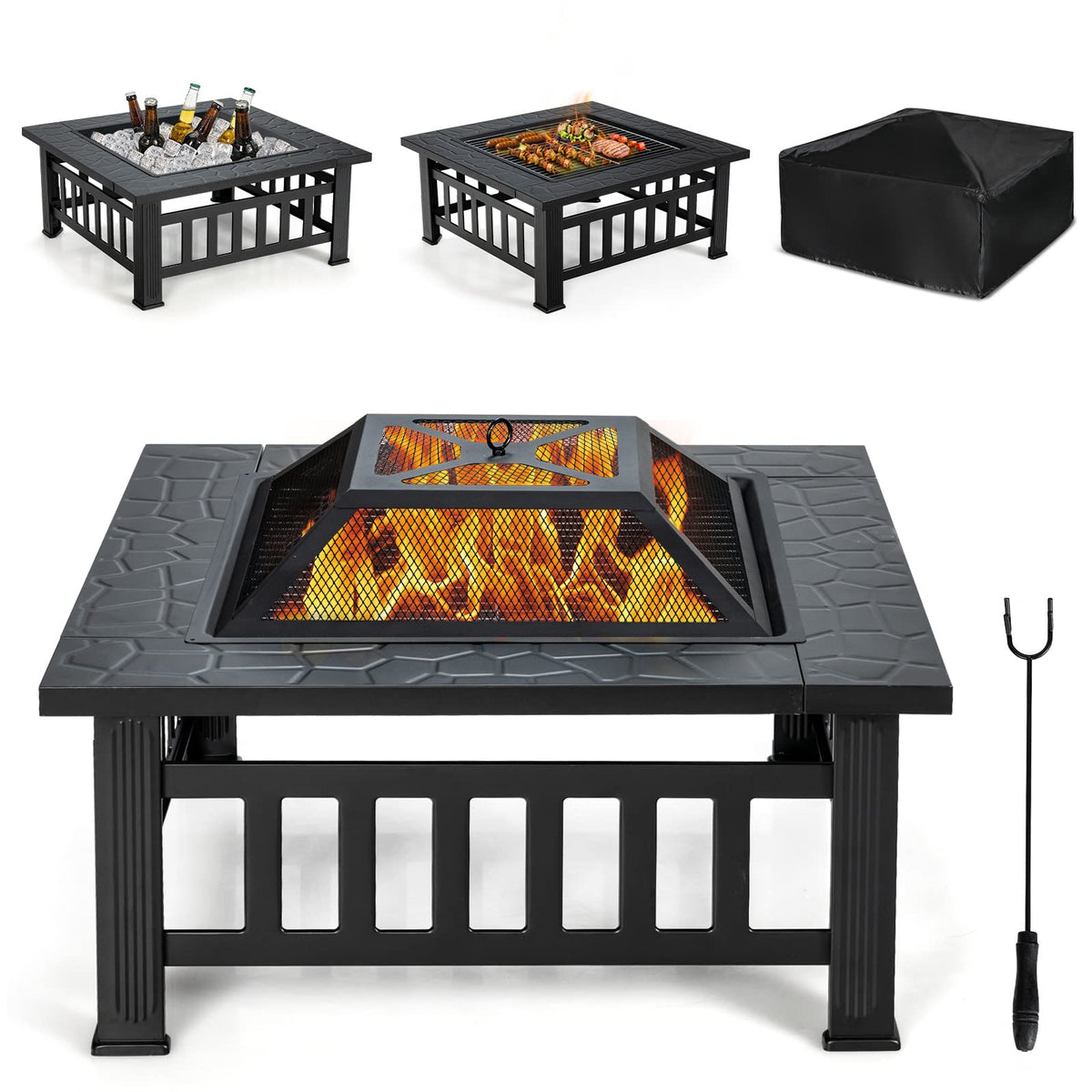 32” 3-in-1 Fire Pit, Outdoor Kitchen Charcoal BBQ Table Grill