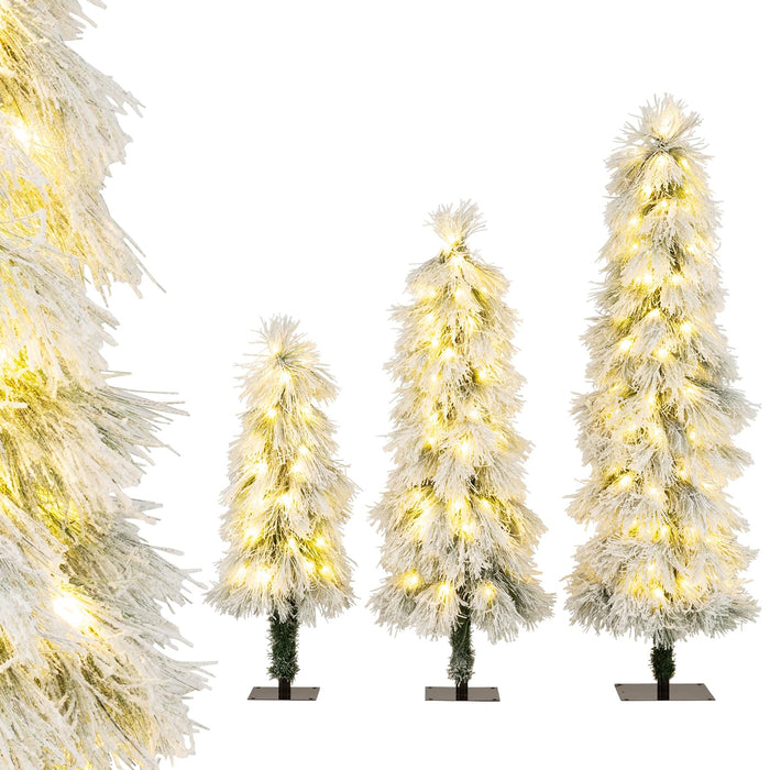90&120&150 cm Artificial Christmas Tree Set of 3, Pre-lit Xmas Trees w/Snow-Flocked Branch Tips