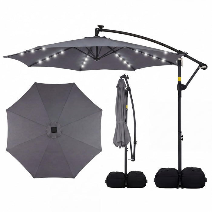 3m Solar Offset Hanging Umbrella with 32 LED Lights and 360° Rotation