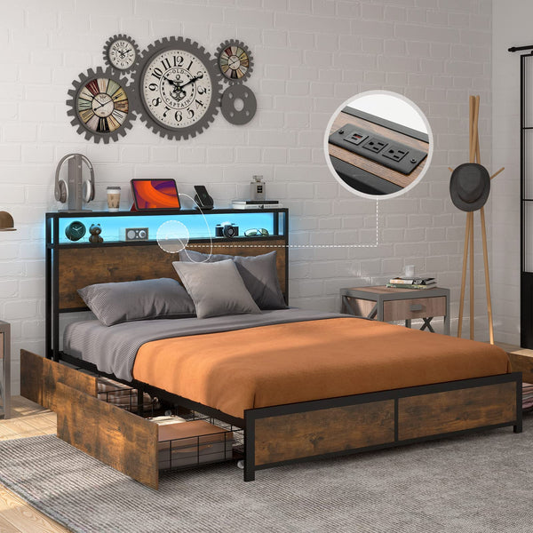 Giantex Queen Bed Frame with Smart LED Lights, Metal Platform Bed with Storage Headboard